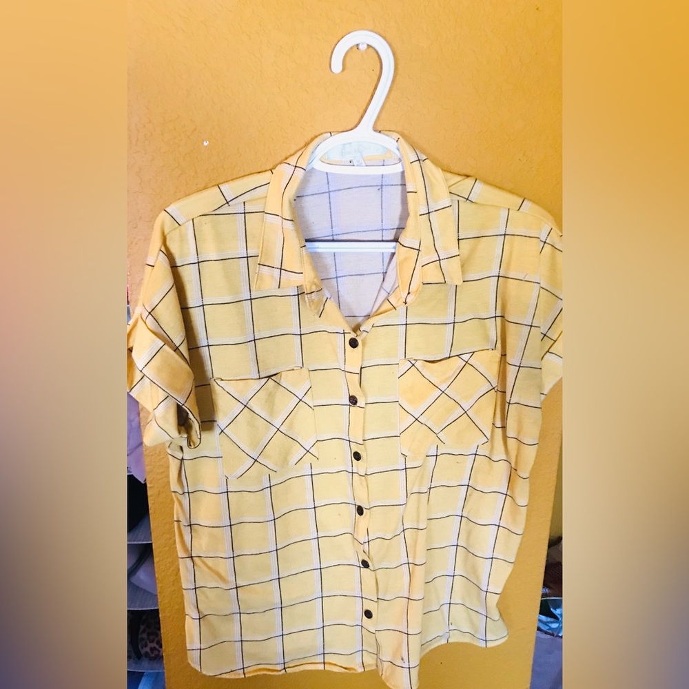Yellow plaid button up shirt, perfect for teens.